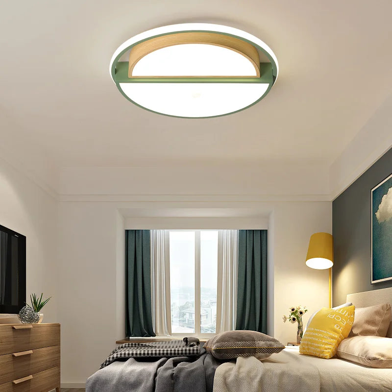 plafonnier rond minimaliste moderne en bois avec lampes led