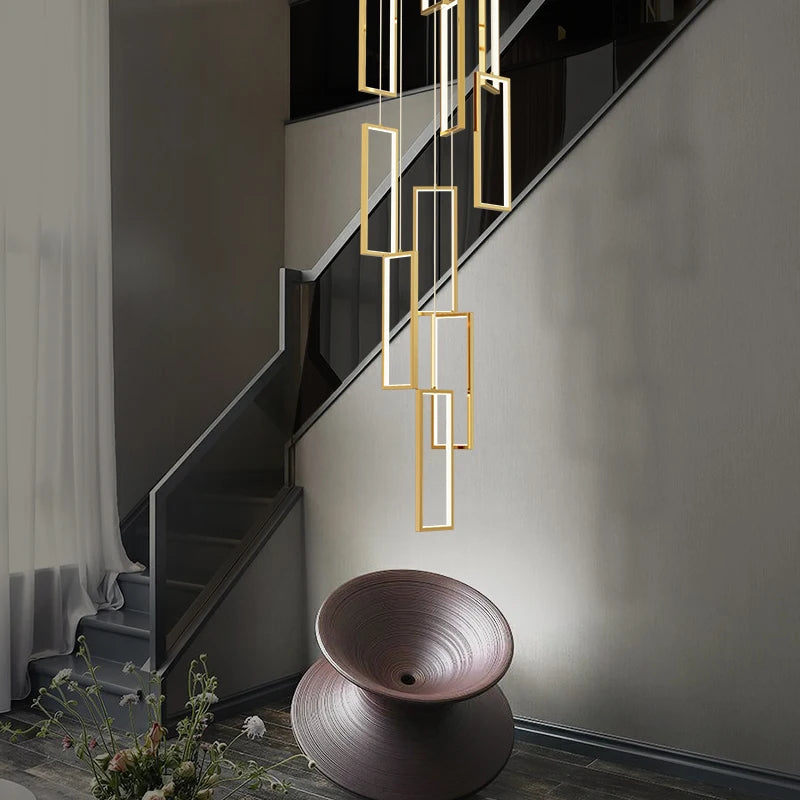 lustre led rectangulaire moderne en cuivre pour escaliers et loft