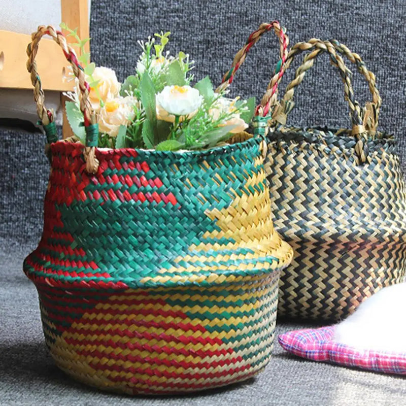 panier de rangement pliable en osier avec poignée pour fleurs linge