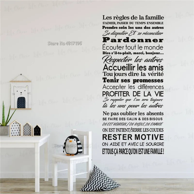 autocollant mural vinyle avec citation règles de la famille décoration intérieure