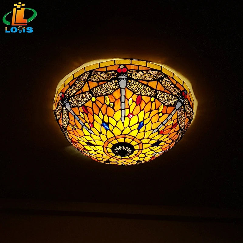 16Inch Dragonfly Ceiling Light Tiffany Style Glass Lamp European Retro Decorative Lighting Bedroom Balcony Bar LED Lighting E27