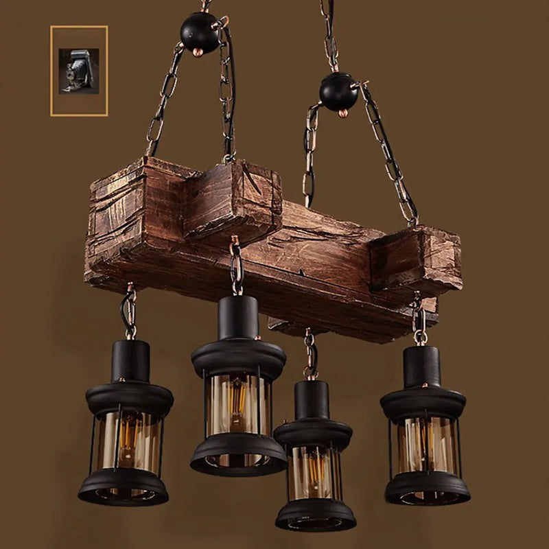 lustre vintage oukaning 4 lumières en bois suspendu industriel