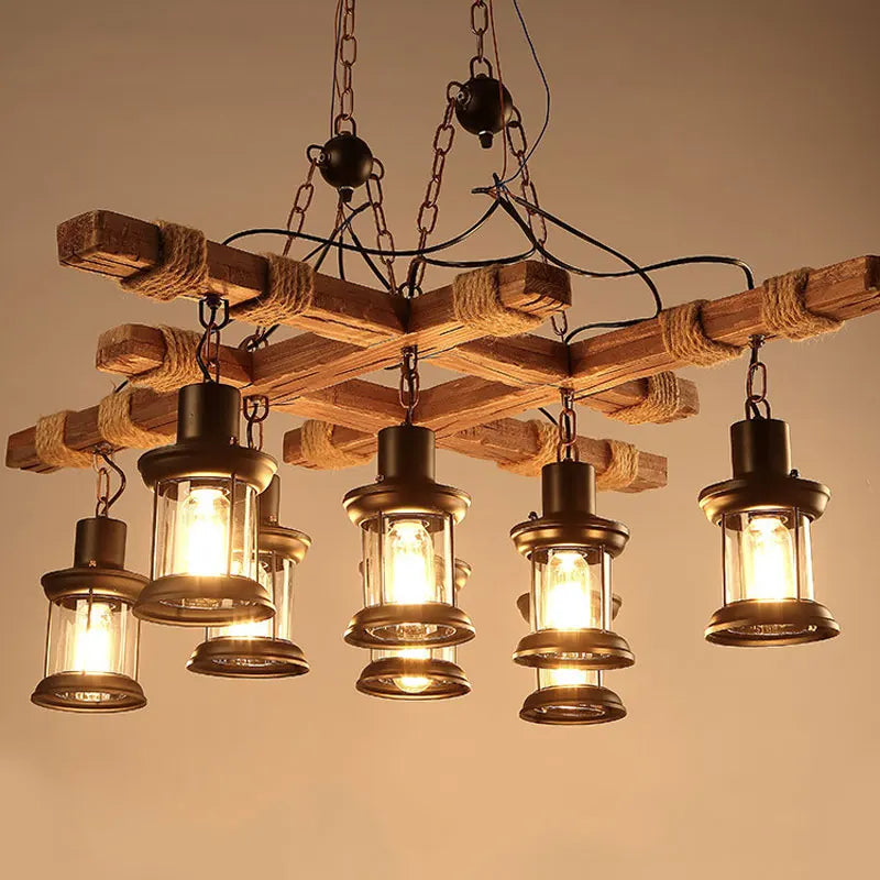 lustre industriel rétro en bois et fer avec 8 lampes