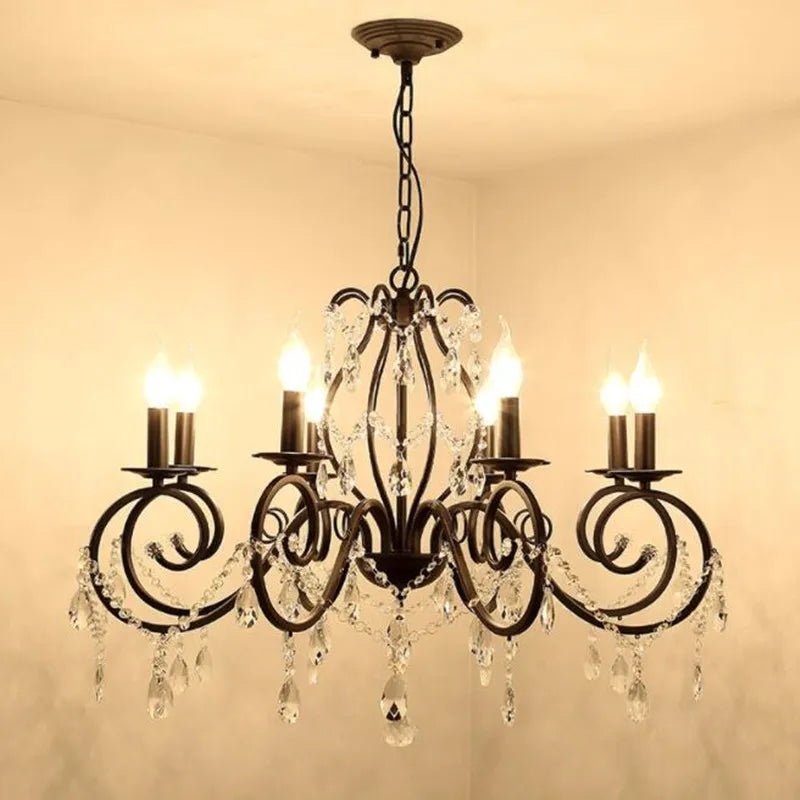 lustre vintage en fer noir avec cristal pour décoration intérieure