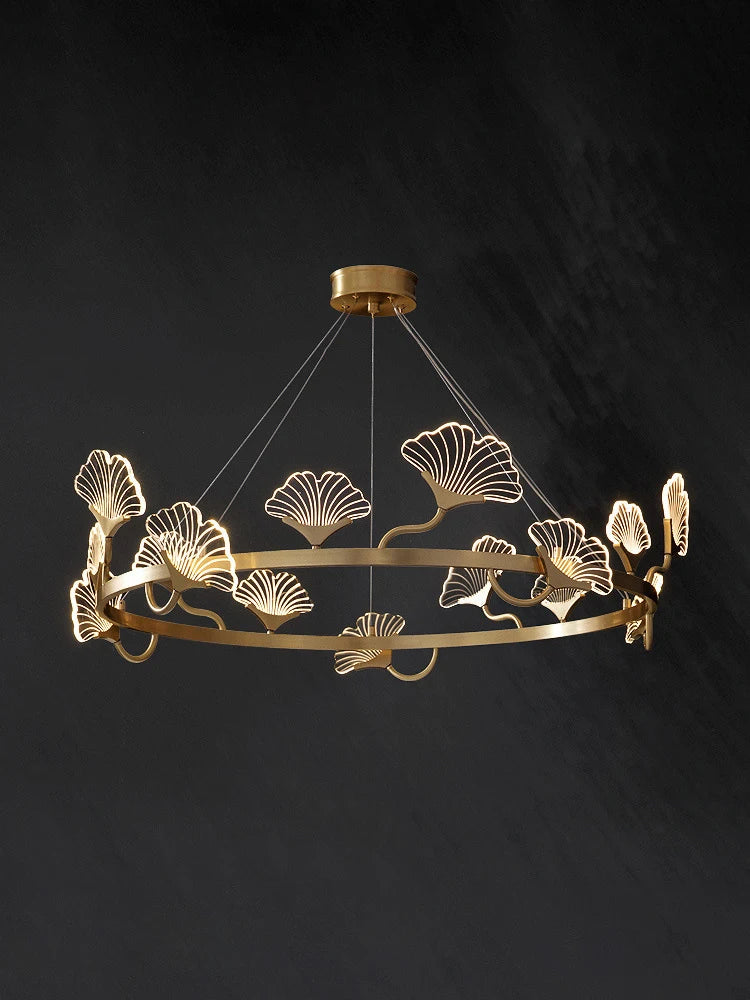 lustre en cuivre simple avec feuilles led style chinois