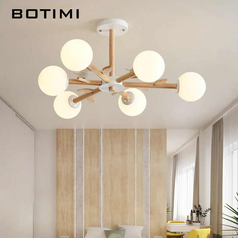 lustre botimi en bois naturel avec abat-jour rond en verre