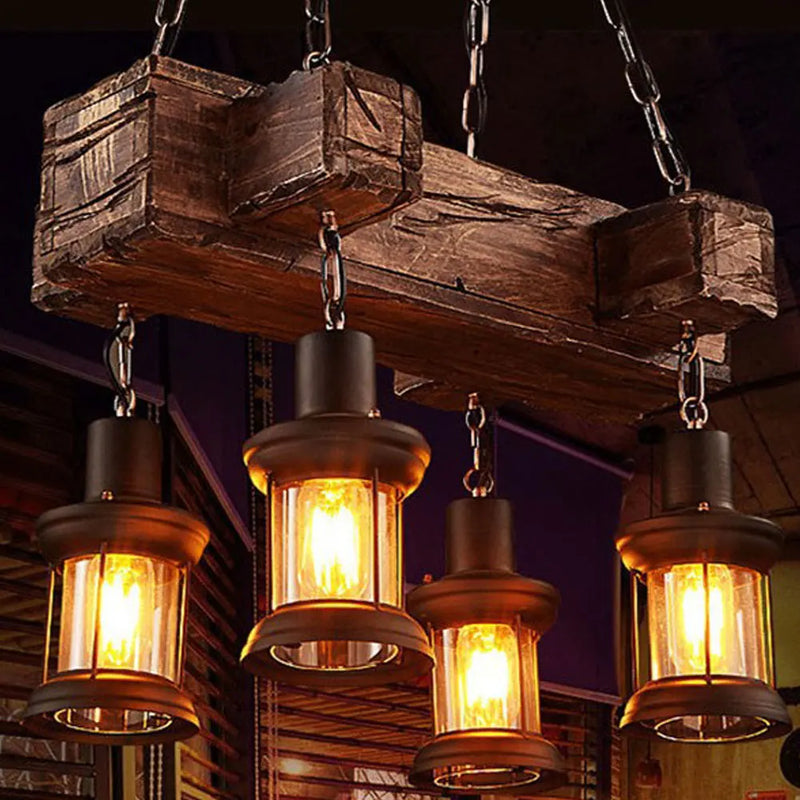 lustre vintage oukaning 4 lumières en bois suspendu industriel