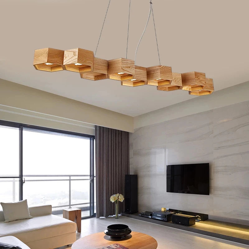 suspension LED en bois en forme de nid d'abeille créative et minimaliste