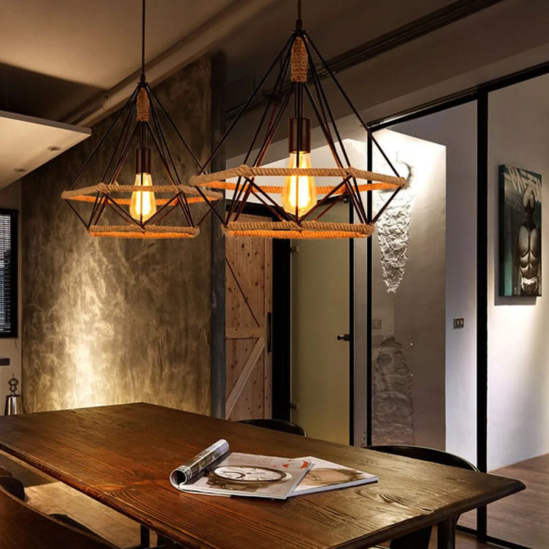 lampe suspendue industrielle vintage en corde de chanvre pour décoration intérieure