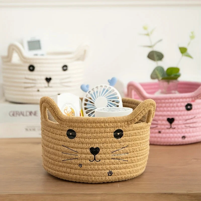 paniers de rangement en coton tissé tête de chat pour bureau et maison