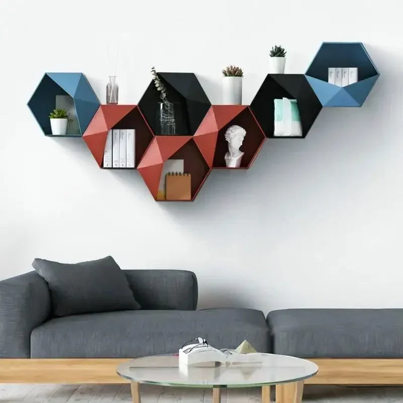 support mural en bois hexagonal pour livres et décorations