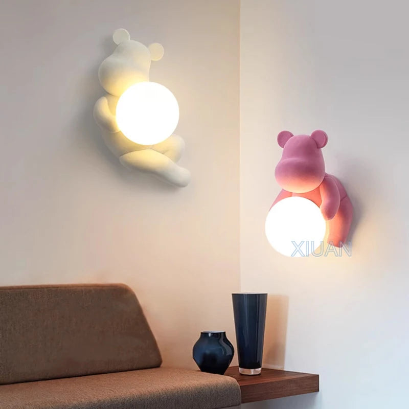 Chrome White Pink Bear Lights Art Design Bedroom Bedside Wall Lamps Resin Animal Glass Sconces Living Room Decorative Wall Light