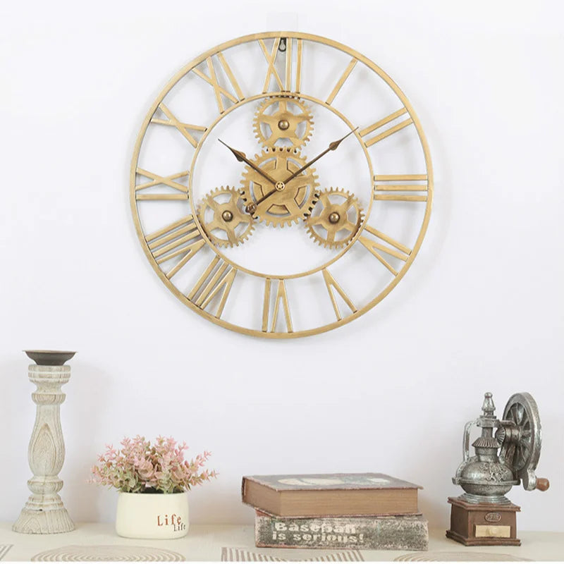 horloge murale rétro 3D luxe grand engrenage décorative artisanale