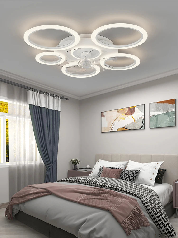 Modern white minimum circular fan light, simple living room ceiling fan light, intelligent control ceiling fan light