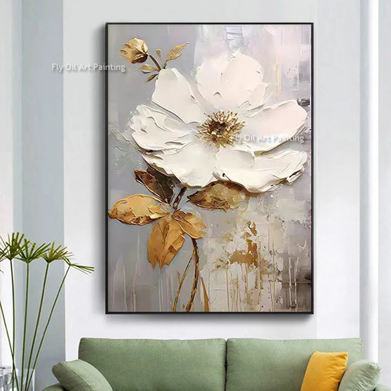 Tableau peinture à l'huile épaisse fleurs blanches abstraites décoration murale luxe