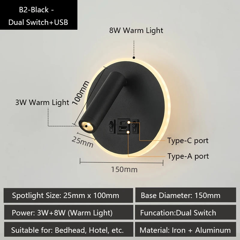 applique murale led moderne avec ports usb et lampes de lecture réglables