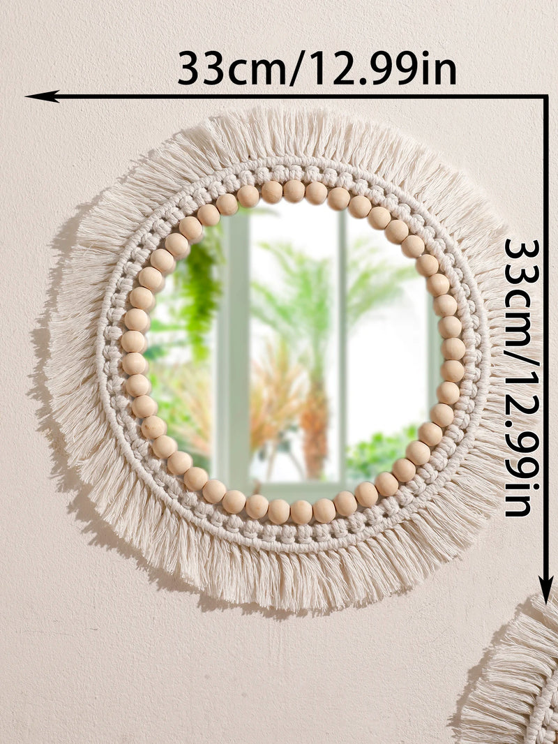 miroir suspendu en macramé décoratif avec pompons tissés