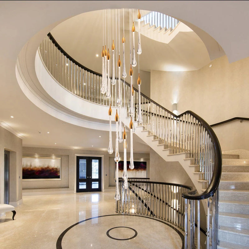 lustre led moderne en cristal pour grand escalier