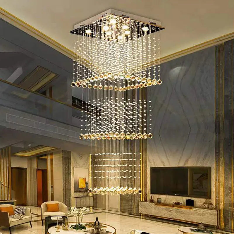 Duplex building, living room, large chandelier, square hotel villa, modern crystal hollow staircase, long chandelier