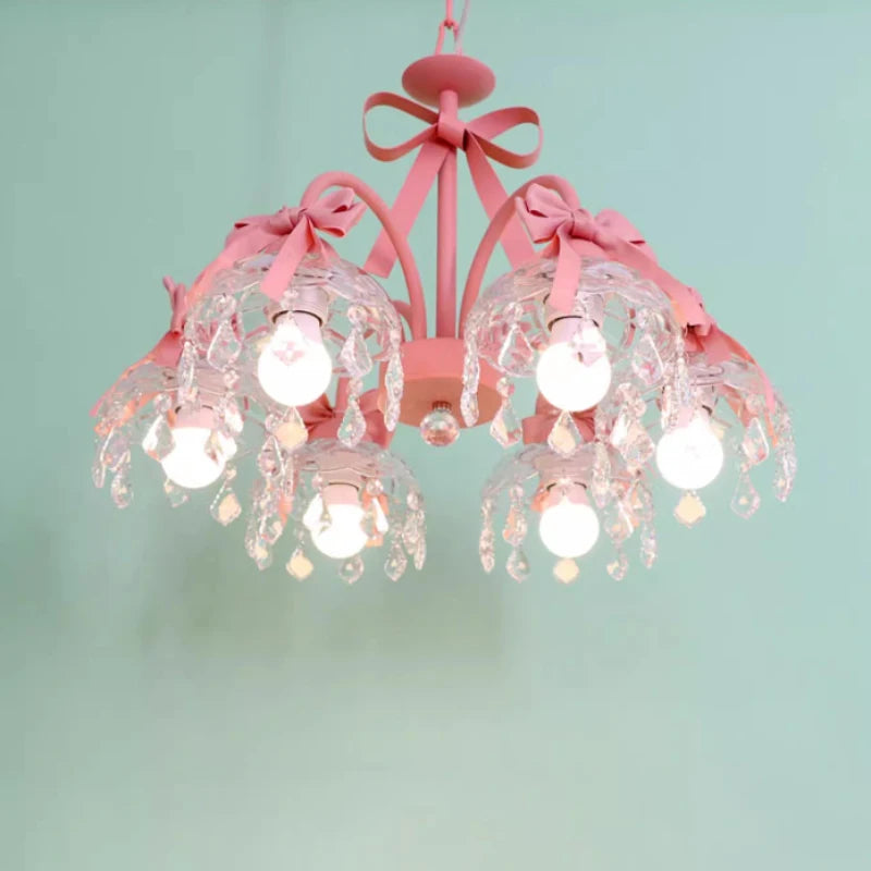 lustre mignon pour chambre de petite fille avec nœud rose en cristal