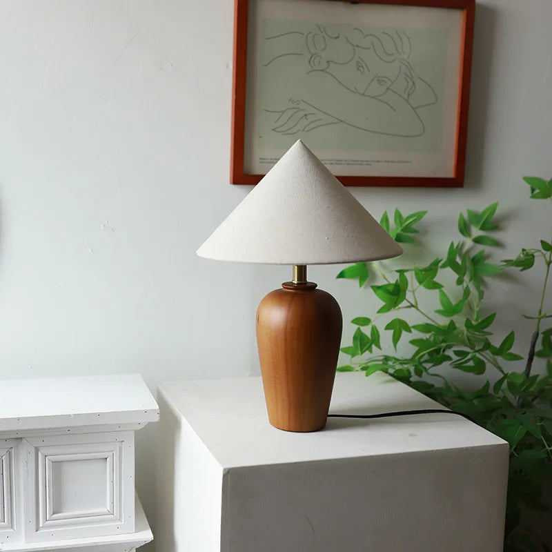 Vintage Table Lamp Desk Light with Wood Stand Fabric Shade