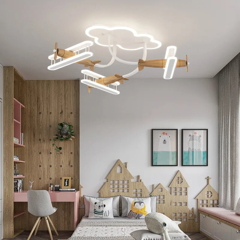 plafonnier avion en bois pour chambre d'enfant moderne et chaleureux