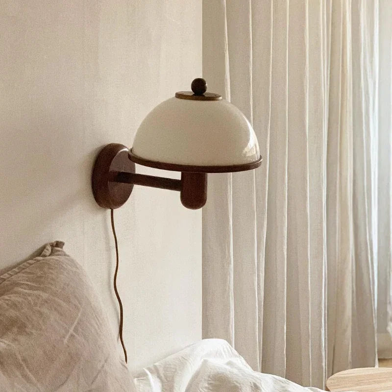 Nordic Retro Mushroom Wall Lamp with EU/US Plug, Wooden Bedroom Bedside Light, Living Room, Corridor LED Decorative Light