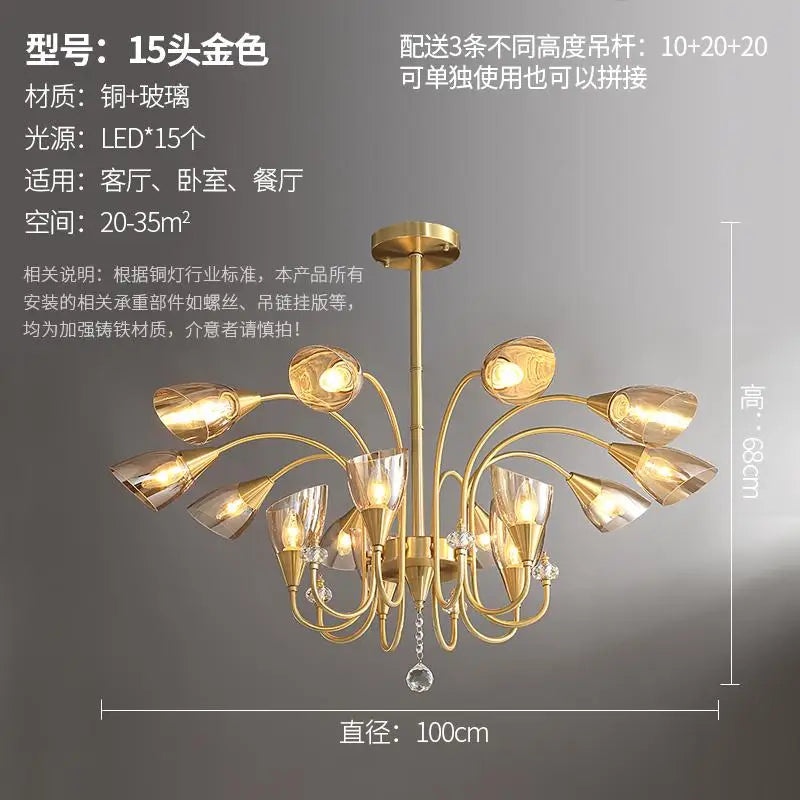 lustre en cristal moderne en cuivre pour éclairage intérieur