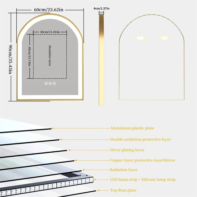 miroir mural à led doré anti-buée éclairage variable cadre en aluminium