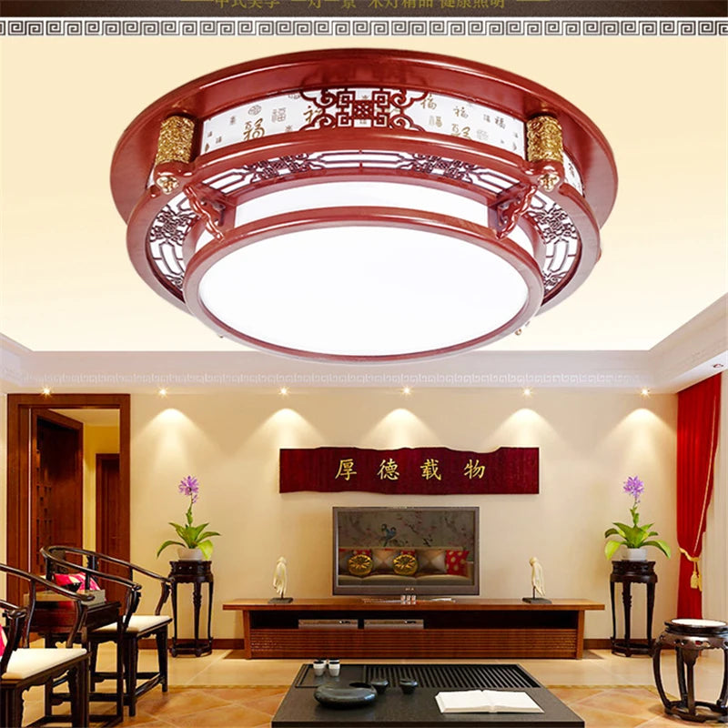 "plafonnier vintage chinois en bois avec luminaire acrylique"