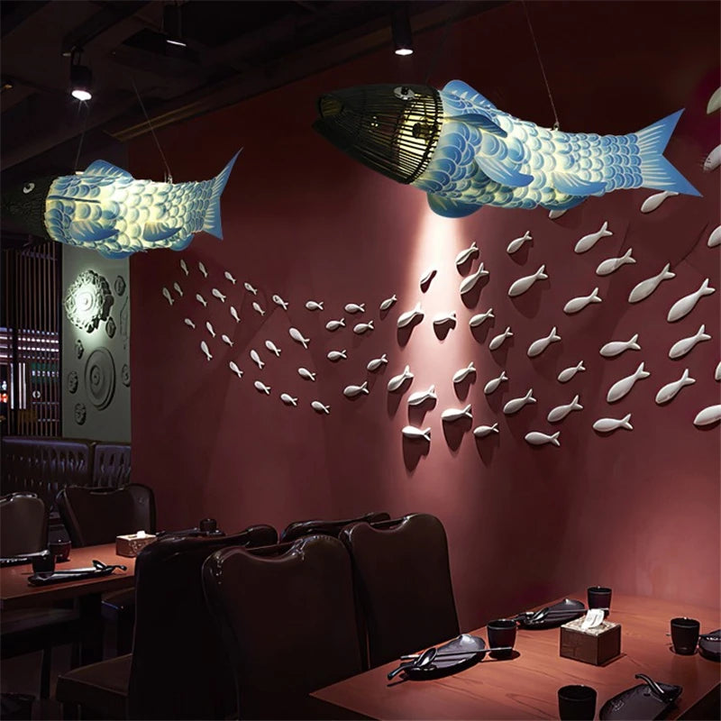 lustre en bambou style chinois créatif avec gros poisson