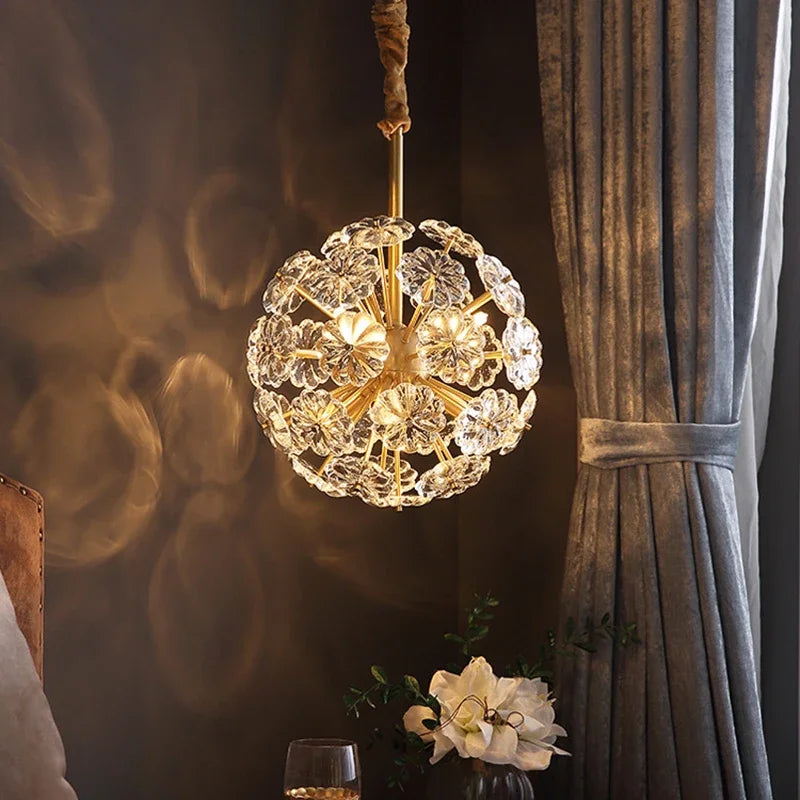 lustre en cristal pissenlit rond en cuivre pour décoration artistique