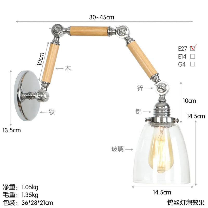 applique murale en bois et verre pour éclairage intérieur rétro