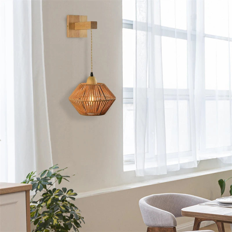 lampe de chevet rétro en rotin rétractable pour intérieur décoratif