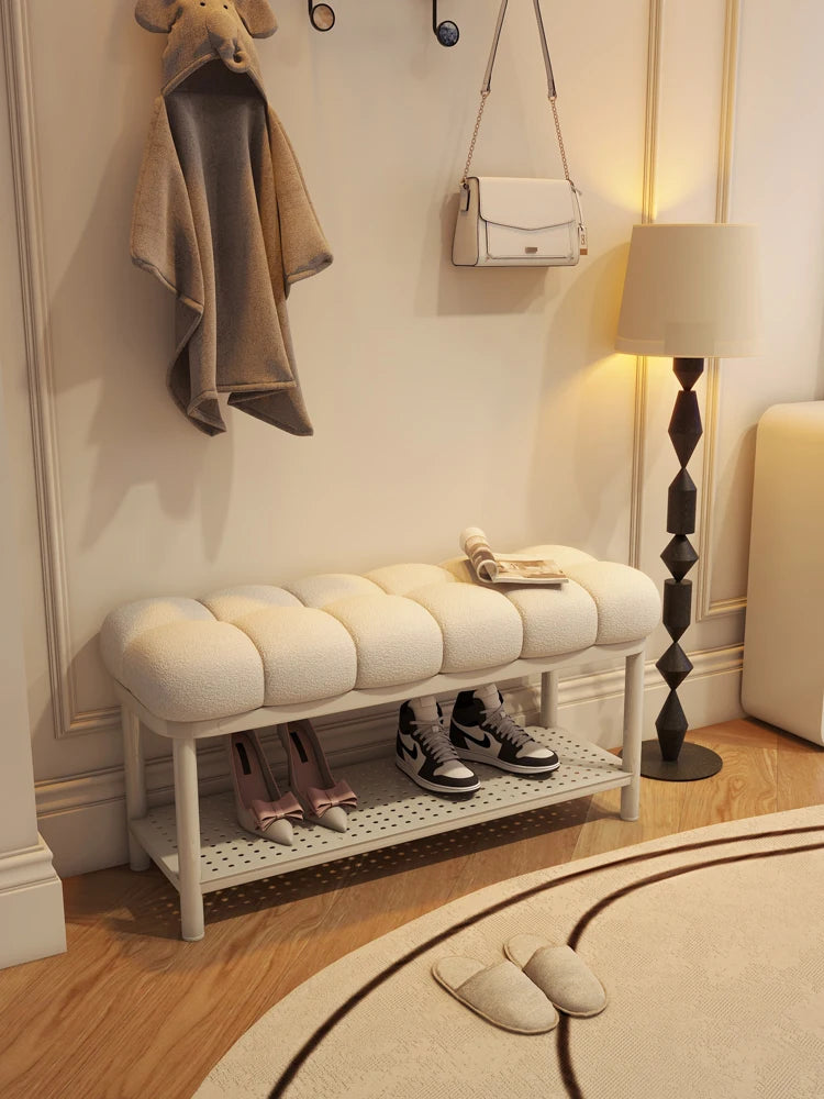 banc à chaussures en laine d'agneau luxe rangement créatif grande capacité