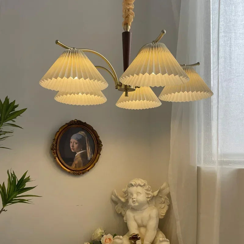 lustre suspendu nordique rétro abat-jour en tissu plissé lampe décorative