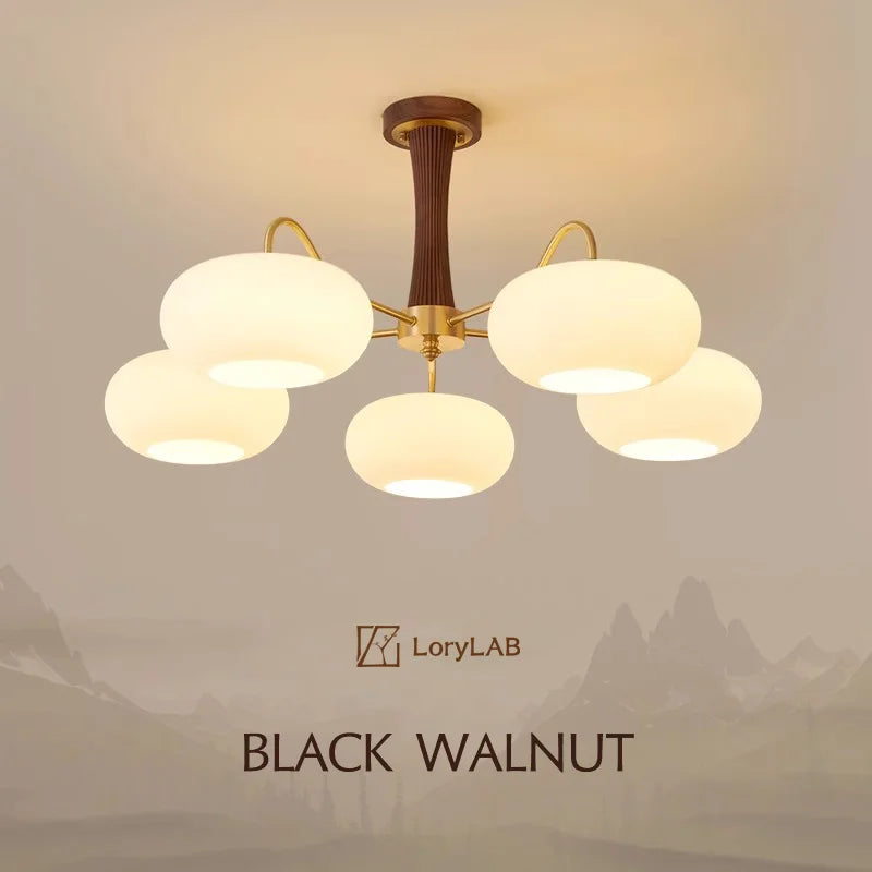 Walnut Wood Glass Brass, Wabi-sabi Modern Vintage style, chandelier lights for Living room, Bedroom, dining room, study