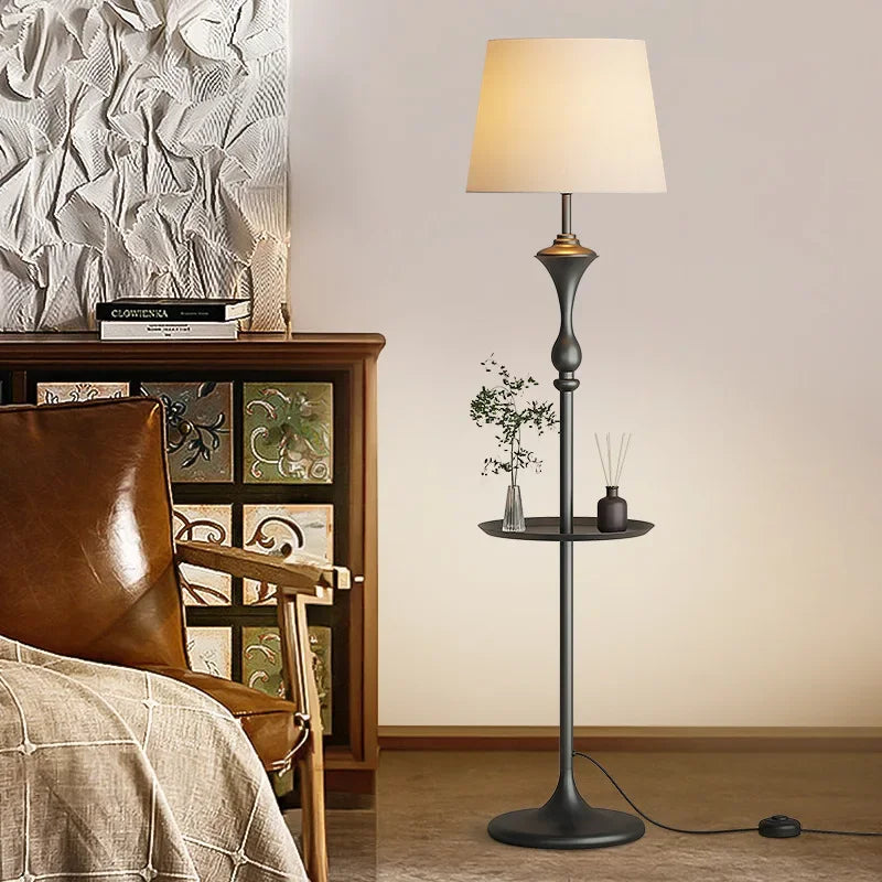 Integrated Floor Lamp with Storage Rack, Coffee Table, LED Living Room Sofa, Bedroom Corner, American Retro Floor Lamp