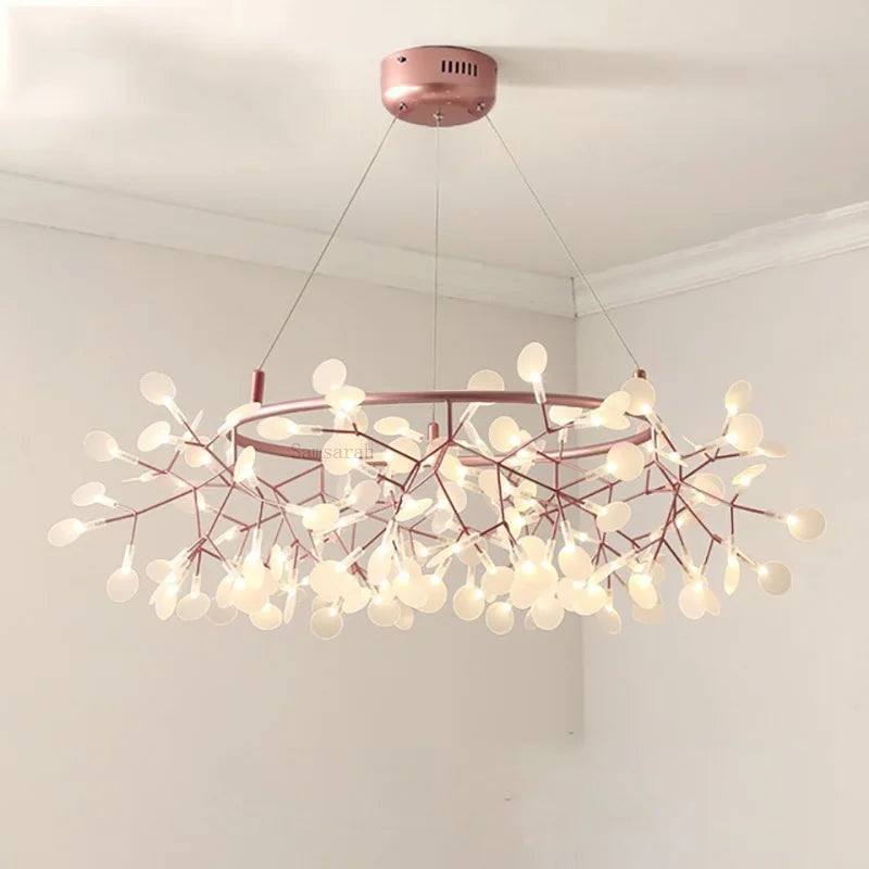 2024 Nordic Hanging Living Room Chandelier Large Modern Kitchen Firefly Lamp Rose Gold Black Branch Round Chandelier Lighting