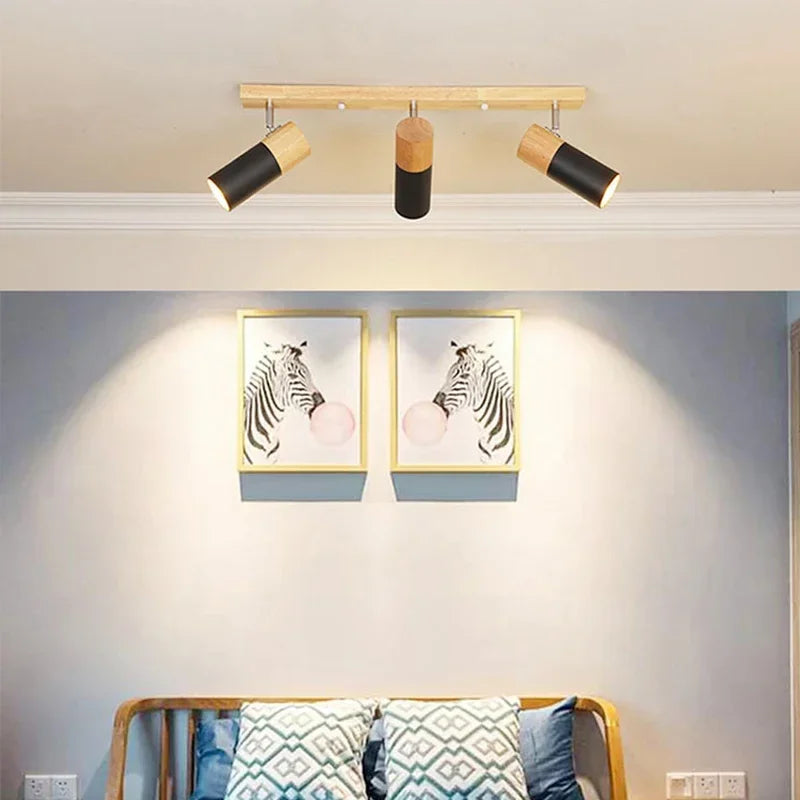 plafonnier en bois avec projecteur rotatif réglable décoratif