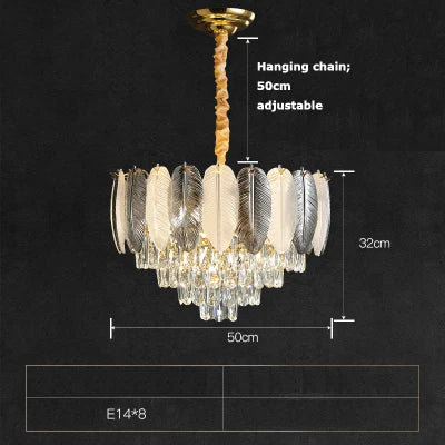 lustre suspendu led art déco en cristal et plumes blanches et grises