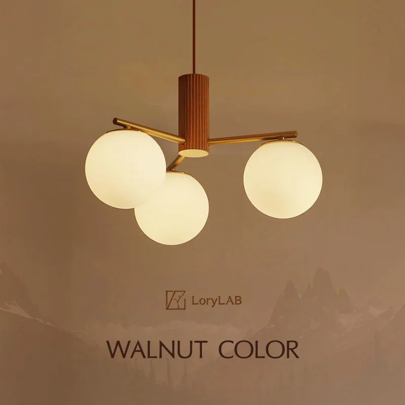 Walnut Wood Brass Round Glass, Wabi-sabi Modern Simple style, Chandelier light for Living room, Bedroom, Dining room, Study