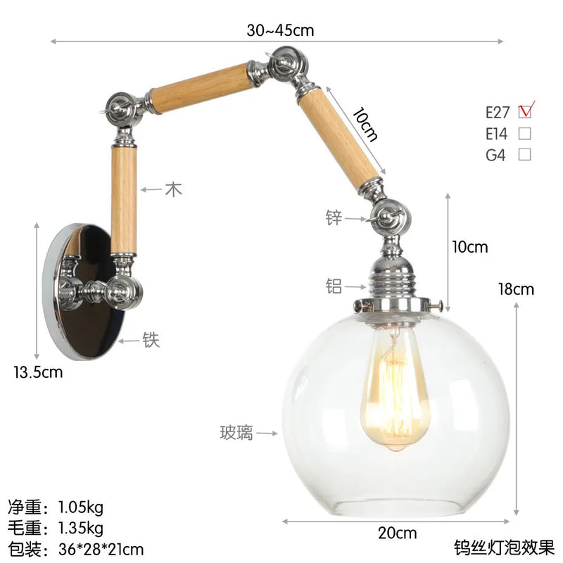 applique murale en bois et verre pour éclairage intérieur rétro