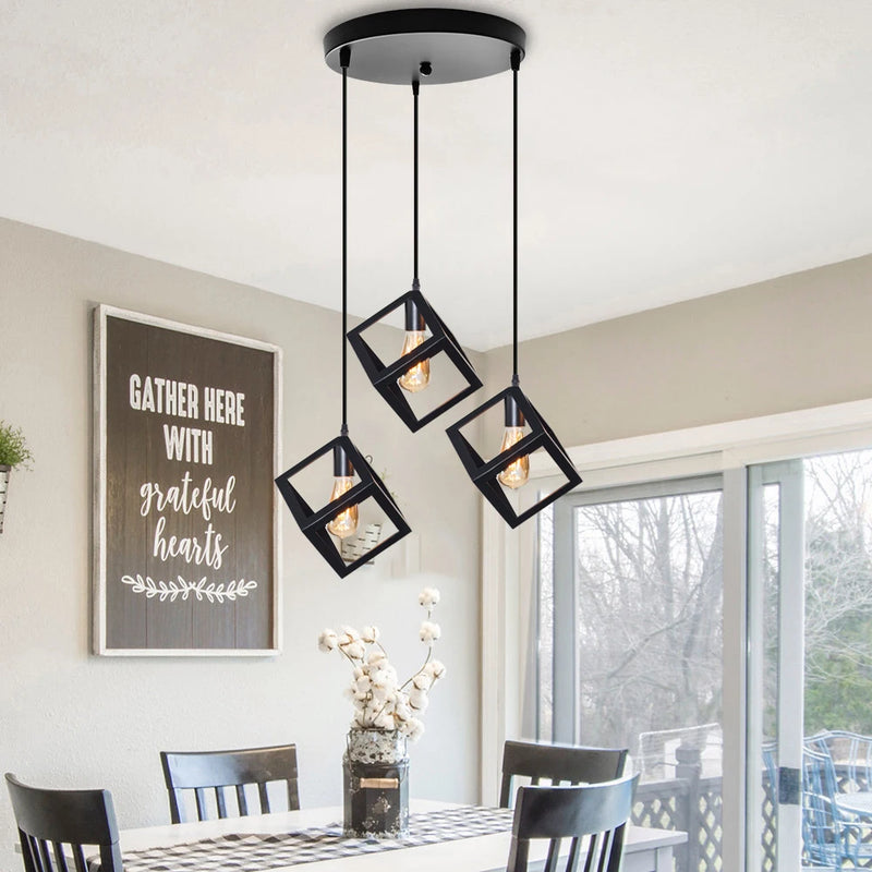 Black Geometric Pendant Lighting Modern Square Hanging Light Ceiling Fixture for Kitchen Island, Foyer, Hallway, Bedroom E27