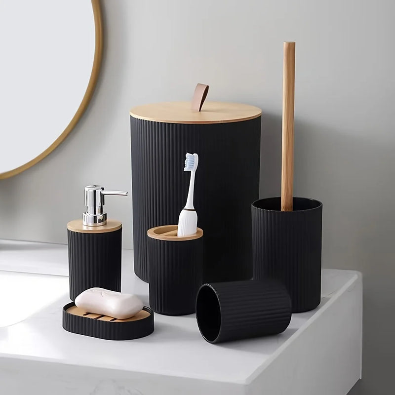 ensemble de rangement 6 pièces en plastique et bambou pour salle de bain