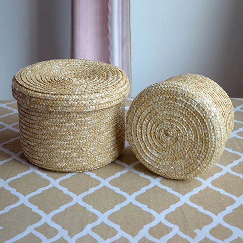 panier de rangement rond en paille tissée avec couvercle polyvalent