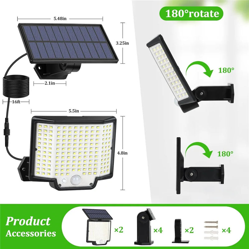 lumière solaire extérieure 166 led avec capteur de mouvement et télécommande