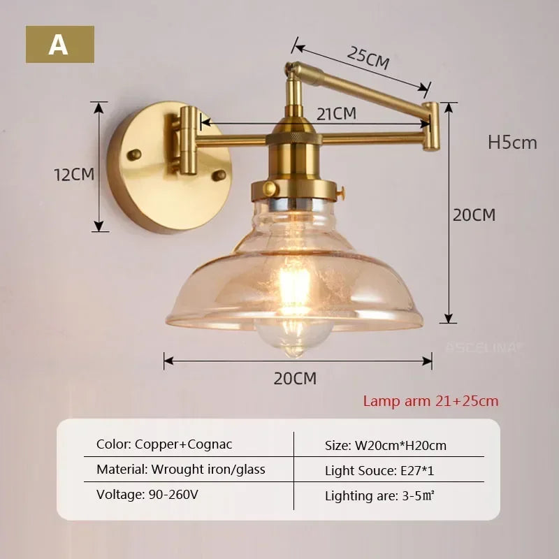 applique murale vintage réglable en verre à bras long