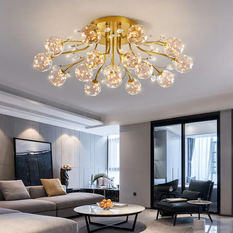 lustre nordique de luxe en cristal avec fleur en verre led