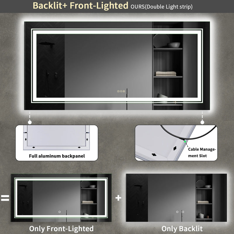 miroir rectangulaire rétroéclairé à intensité variable avec interrupteur tactile